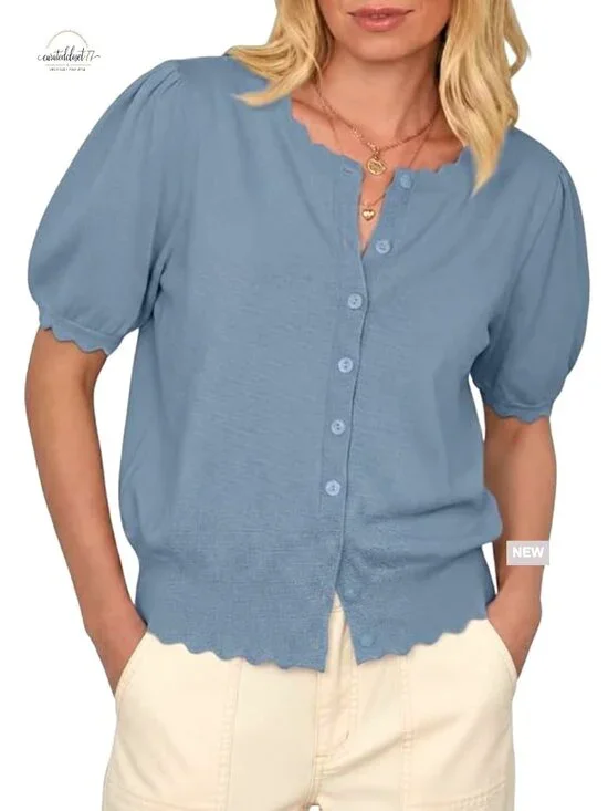 Short Sleeve Cardigan Puff Sleeves Scalloped Crewneck Button Up Lightweight - Picture 1 of 7